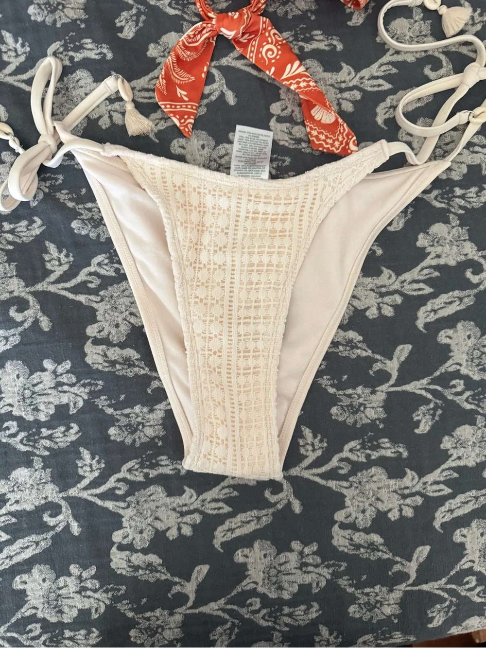 Rust Printed Tie-Front Bikini Top with Cream Crochet Bikini Bottom